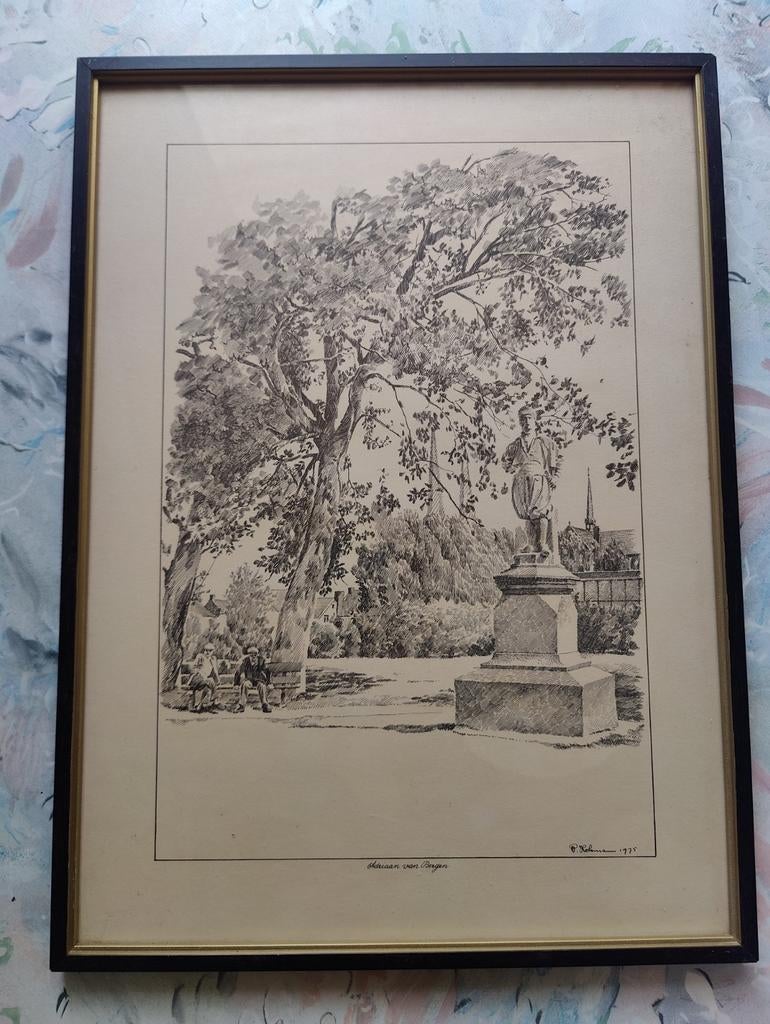 Ingelijste vintage tekening/ets - Stadsgezicht Deventer, Antiek en Kunst, Ingelijst, Stadsgezicht, Ophalen of Verzenden, 1950 - 1999