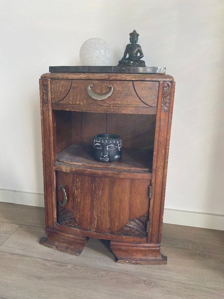 Vintage houten nachtkastje / bijzetkastje met marmeren blad, Huis en Inrichting, Ophalen, Gebruikt, 55 tot 70 cm, 45 tot 65 cm
