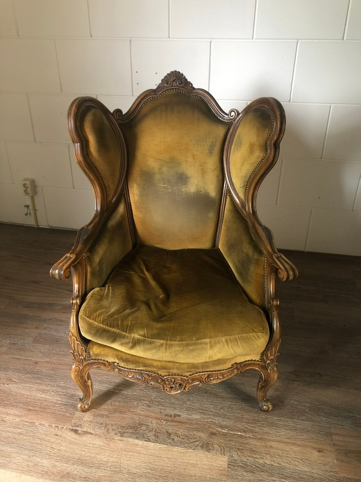 Antiek vintage stoel fauteuil fluweel Velours groen hout, Ophalen