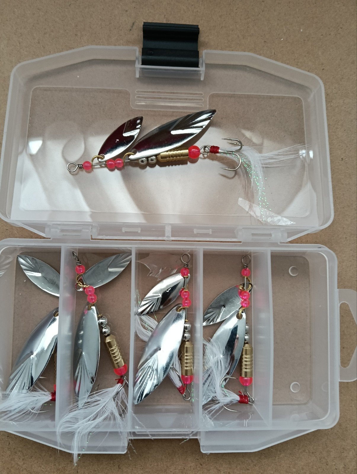 5x Spinnerset Dubbele Spinnerblaadjes met Veren + Box, Ophalen of Verzenden, Nieuw, Overige typen