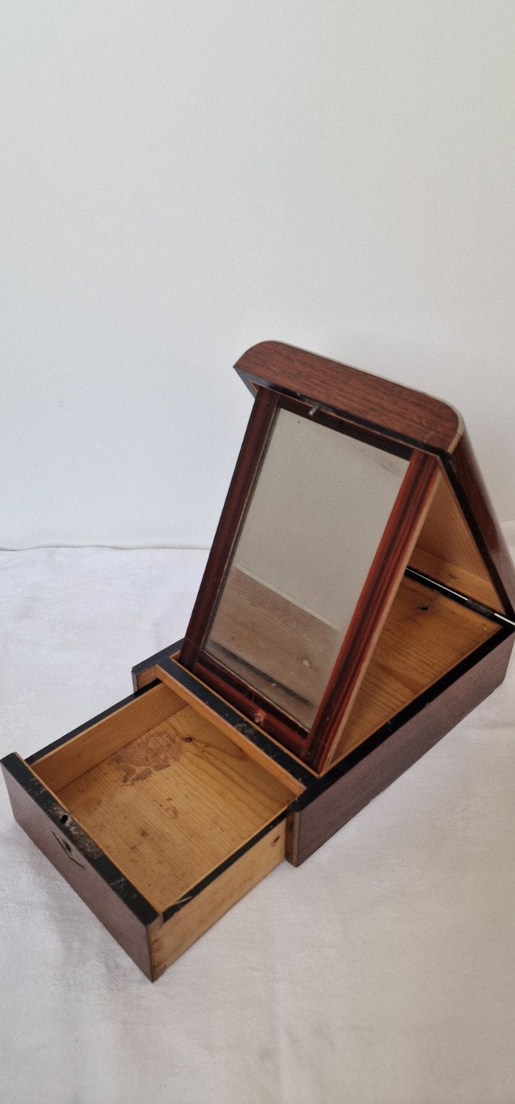 Antieke houten scheerkist met spiegel en lade, Ophalen of Verzenden