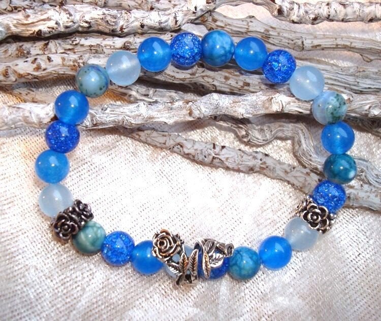 Armband Rozen van halfedelsteen in blauwtinten, Info.adorabeads@gmail.com, Adorabeads, Blauw, Nieuw