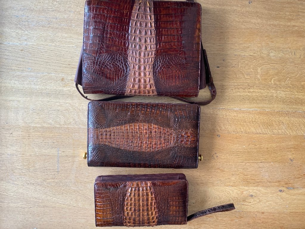 Tassen set dames krokodillen leer vintage, Sieraden, Tassen en Uiterlijk, Ophalen, Zo goed als nieuw, Bruin, Overige typen