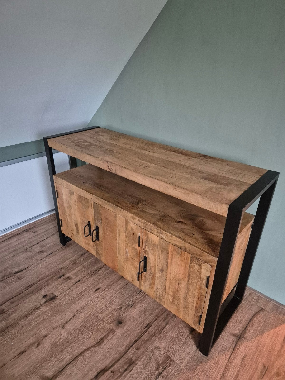 Industriële Mangohouten met Zwart Metalen Frame, Huis en Inrichting, 100 tot 150 cm, Industrieel, 25 tot 50 cm, Ophalen