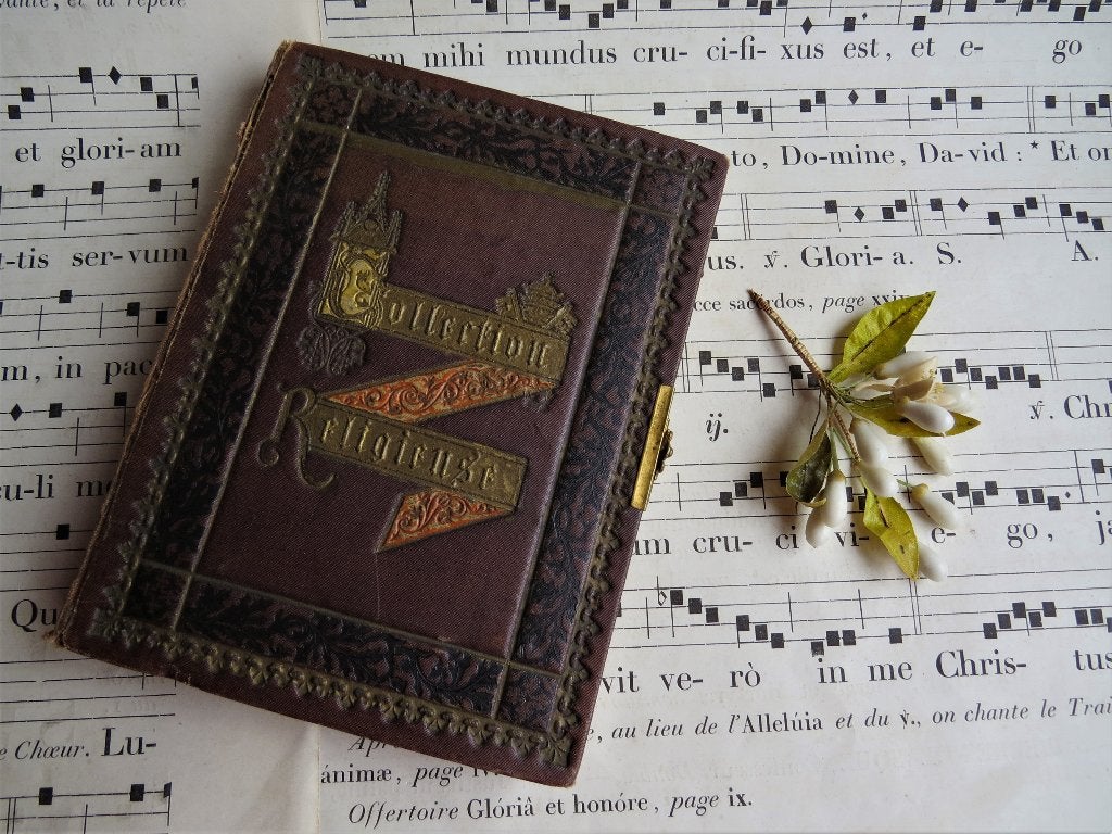 Antiek bidprentjes boek communie c.1890 religieus album, Ophalen of Verzenden