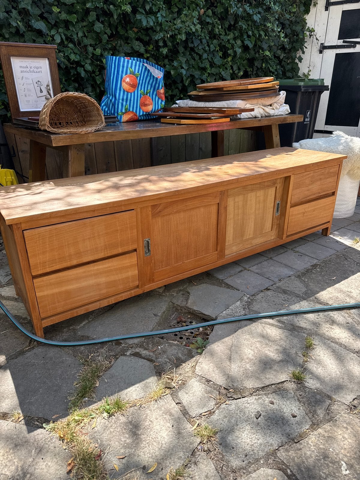 Teak houten tv meubel met lades en schuifdeuren, Ophalen, Gebruikt, Teakhout, 200 cm of meer