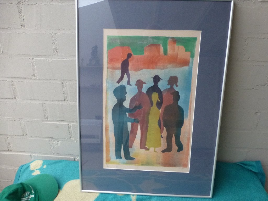 Gesigneerde zeefdruk H.N. Werkman - Figuren in landschap, Antiek en Kunst, Kunst | Schilderijen | Klassiek, Ophalen, Abstract