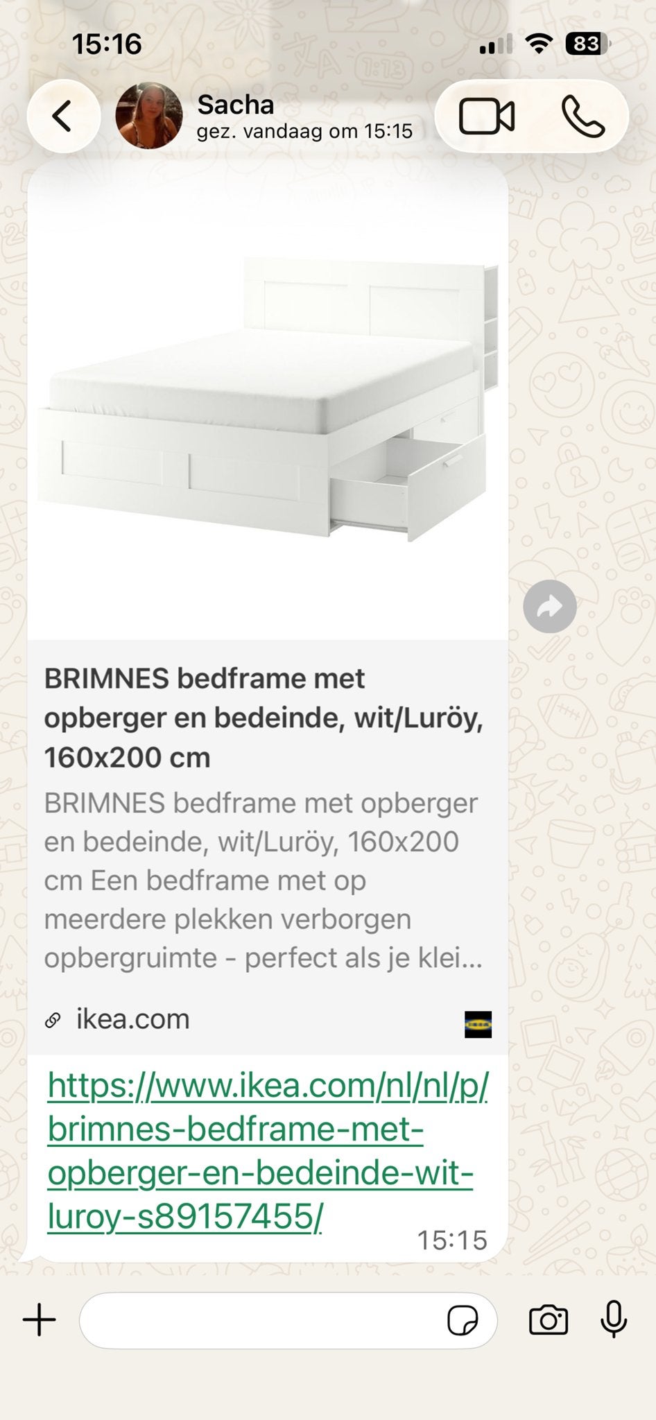 IKEA BRIMNES bedframe met opberger en hoofdeinde, wit, 160x2, Ophalen, Overige materialen, Wit, Tweepersoons