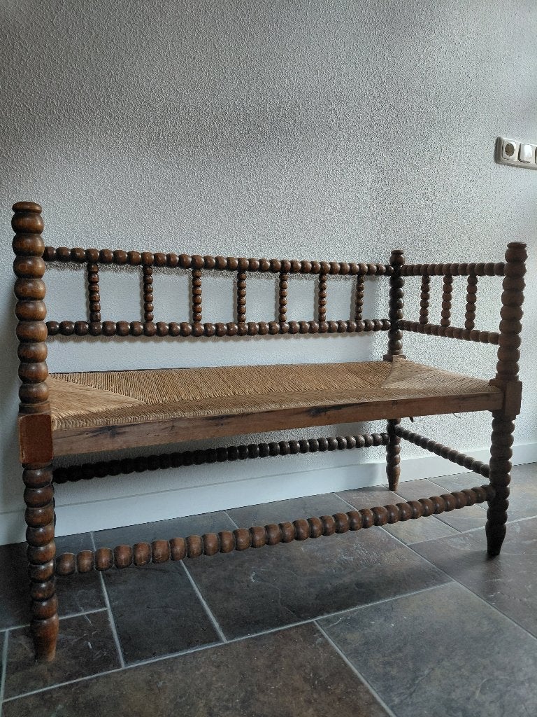 Retro bankje met rieten zitting, Ophalen, Minder dan 75 cm, Tweepersoons, Hout