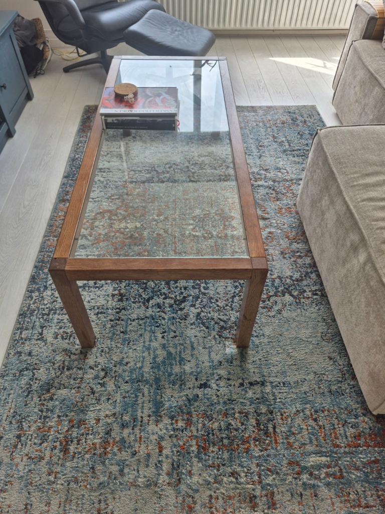 Salontafel met glazen blad en houten frame, Modern, Klassiek, Gebruikt, 100 tot 150 cm, 50 tot 75 cm