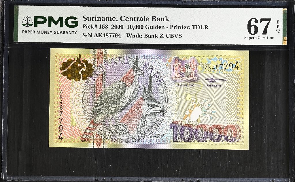 UNC biljet 10000 gulden Suriname, 2000 | PMG 67 EPQ, Ophalen of Verzenden