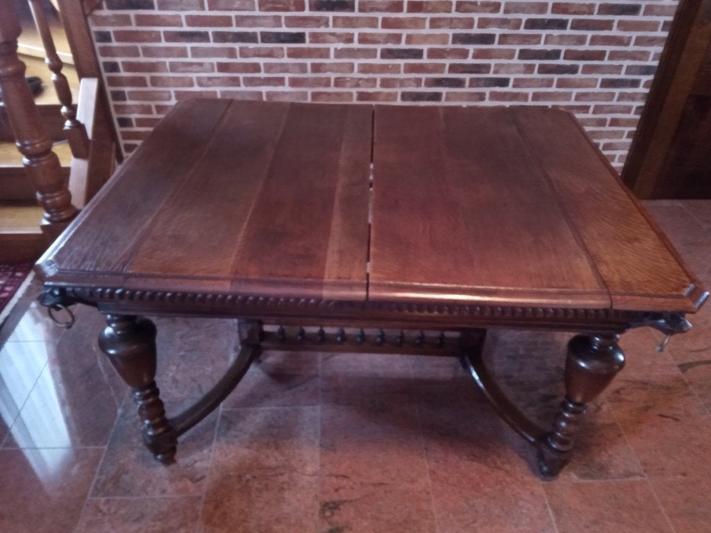 Mechelse tafel Leeuwenhoofd met koperen ringen - Eik, Huis en Inrichting, Ophalen, Overige typen, Gebruikt, Hout