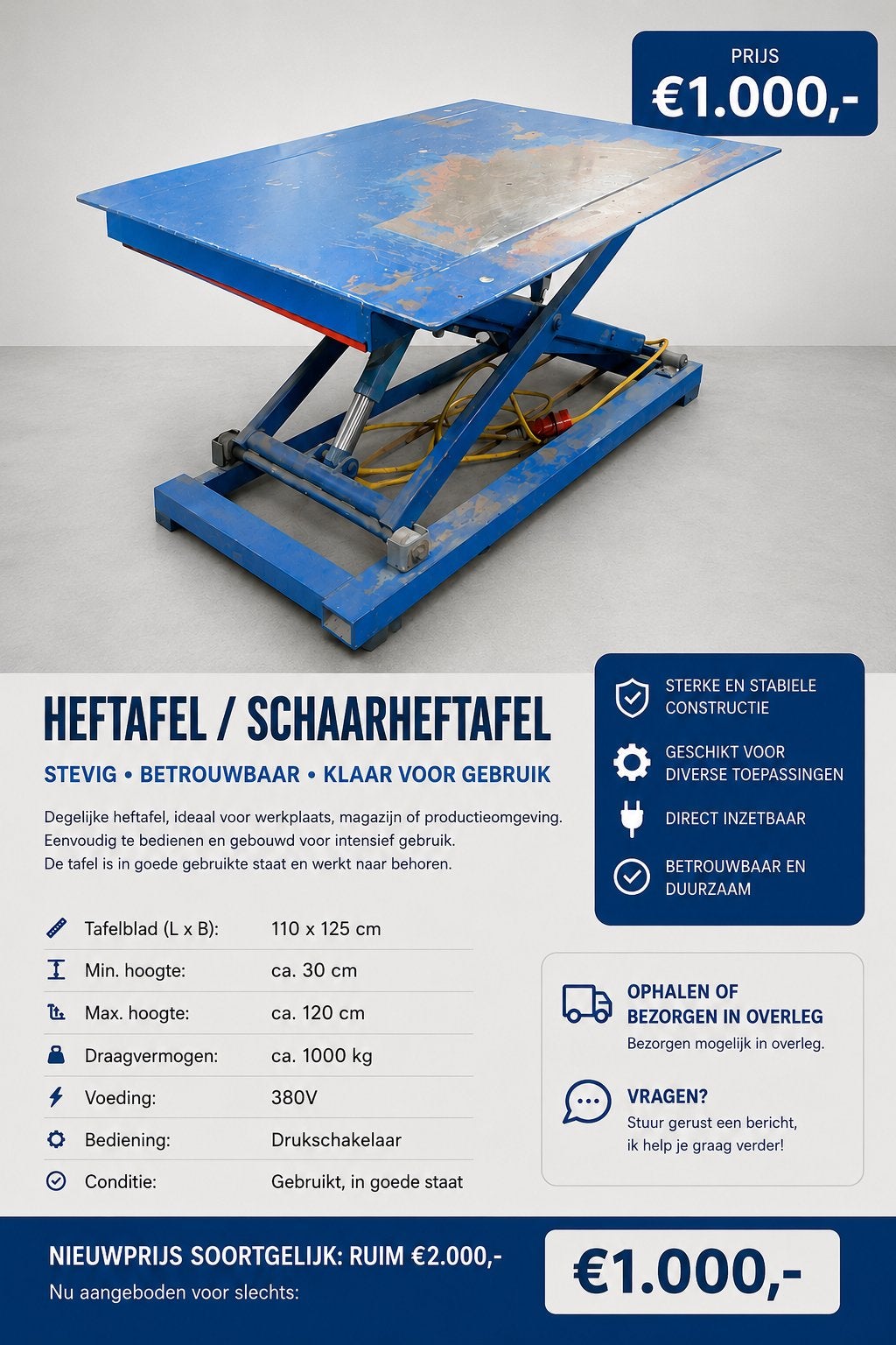 Hydraulische Heftafel 125x110cm, Ophalen, Zo goed als nieuw