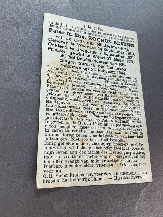 Bidprentje Pater fr. Drs. Rochus Beving NIJMEGEN 1944, Verzamelen, Religie, Verzenden, Gebruikt, Kaart of Prent, Christendom | Katholiek