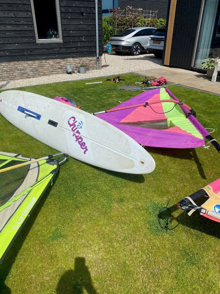 Oude Windsurfset, Watersport en Boten, Windsurfen, Gebruikt, 3.5 tot 5 m², 300 cm of meer, Complete set