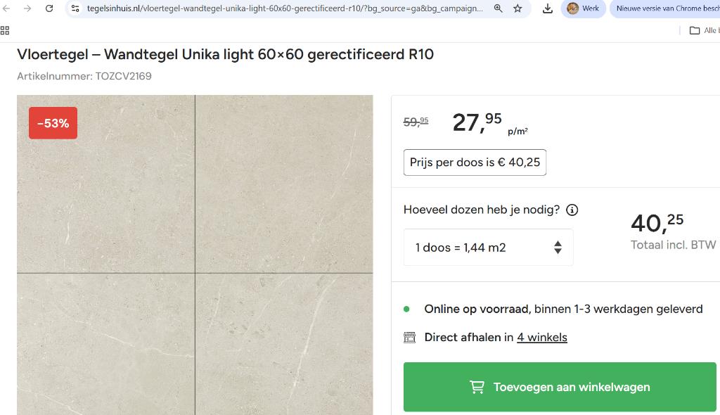 8 x Vloertegel – Wandtegel Unika light 6060, Ophalen, 60 cm of meer, Nieuw, Minder dan 5 m²