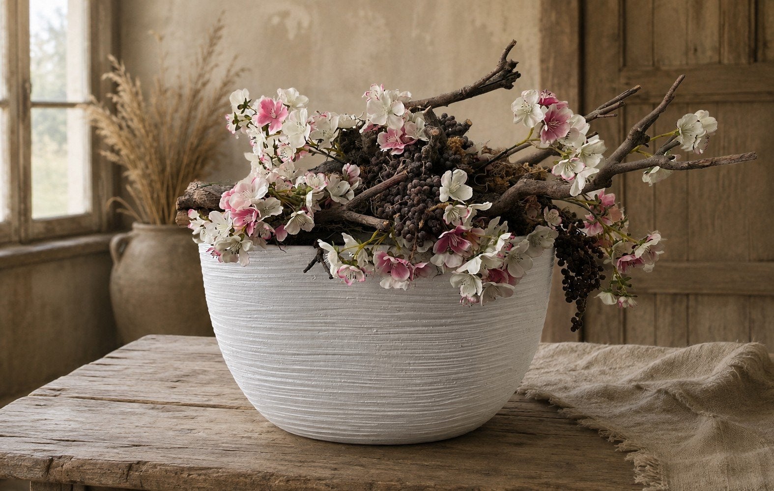 Zeer zware grote vaas met zijde bloemen, Zijde, Ophalen, Zo goed als nieuw