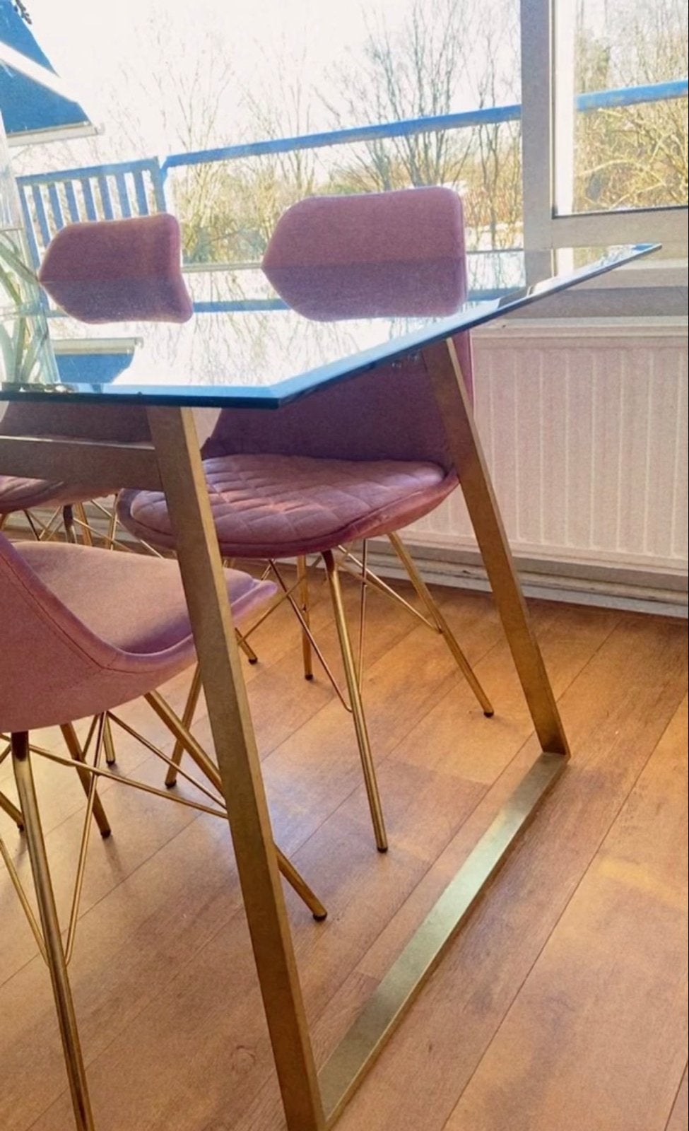 4 stoelen - Roze fluweel, Gebruikt, 100 tot 150 cm, Glas, Vier personen