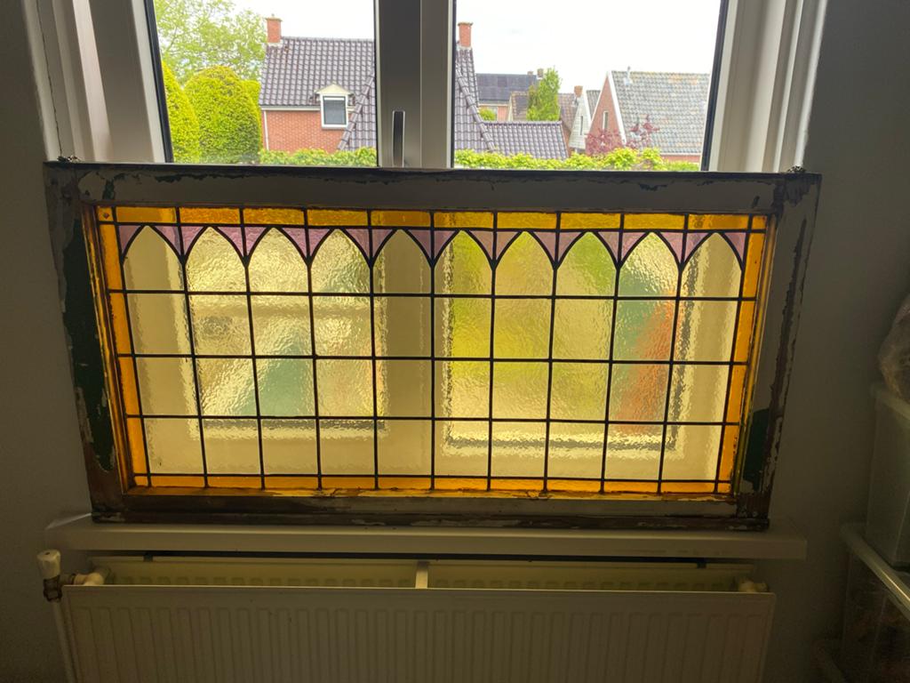 Vintage glas in lood raam - 121,5 x 62 cm, Gevelraam of Ruit, Gebruikt, Minder dan 80 cm, Glas in lood