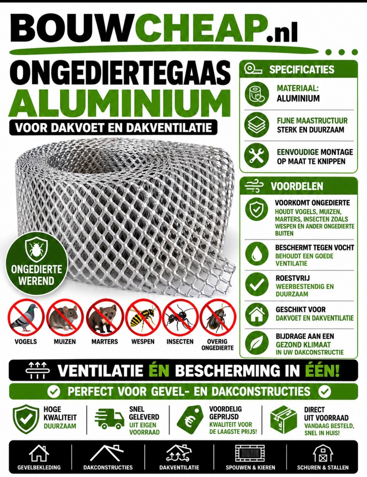 Ongedierte gaas aluminium diverse breedtes, Insecten of Spinnen
