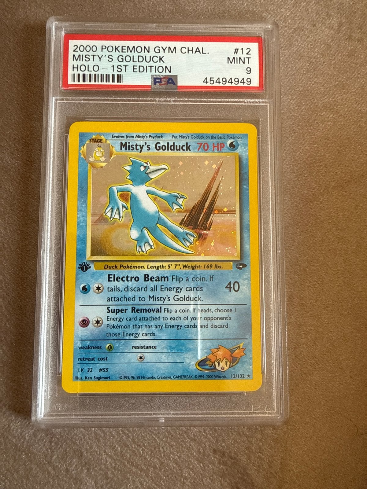 Misty's Golduck Holo 1st Edition PSA 9 Pokemon Gym Challenge, Ophalen of Verzenden, Zo goed als nieuw, Losse kaart