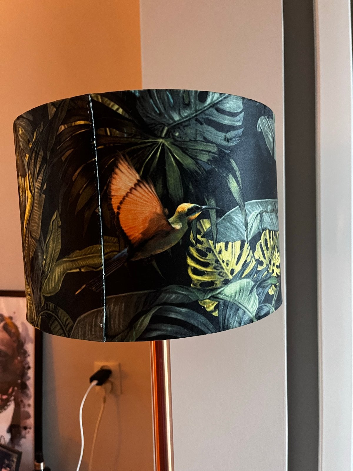 Staande lamp met tropische print lampenkap, Ophalen, Gebruikt, E27 (groot), Metaal