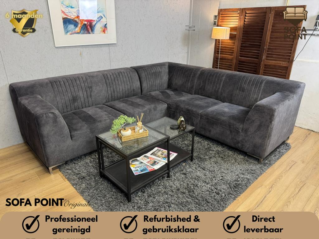 Antraciete Velvet Hoekbank met Hocker - GRATIS LEVERING, Huis en Inrichting, 250 tot 300 cm, Ophalen of Verzenden, Zo goed als nieuw