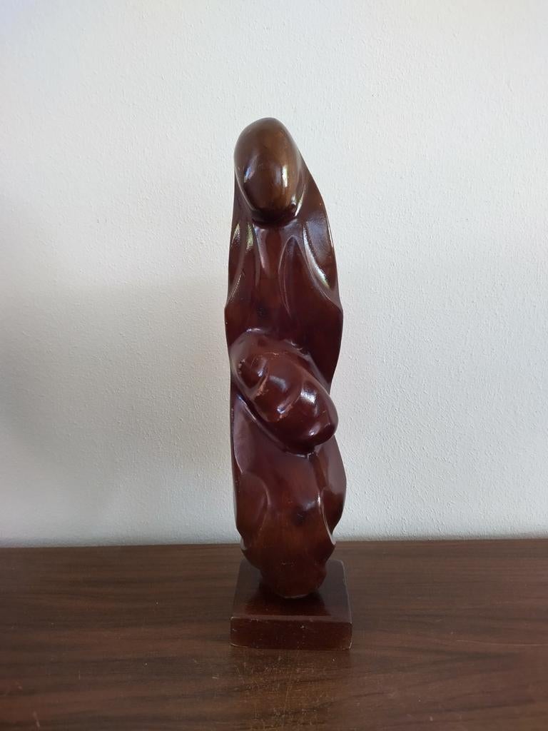 Abstract Houten Beeld - Moeder Maria en Kind, Antiek en Kunst, Ophalen of Verzenden, 20 - 50 cm, Beeld, Bruin