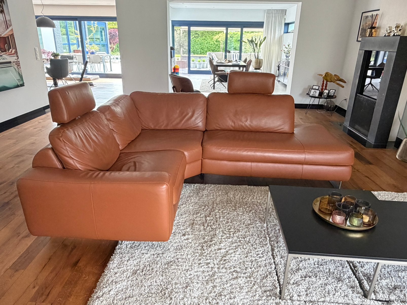 ROM cognac lederen hoekbank met relaxfunctie (2023), Ophalen, Zo goed als nieuw, Leer