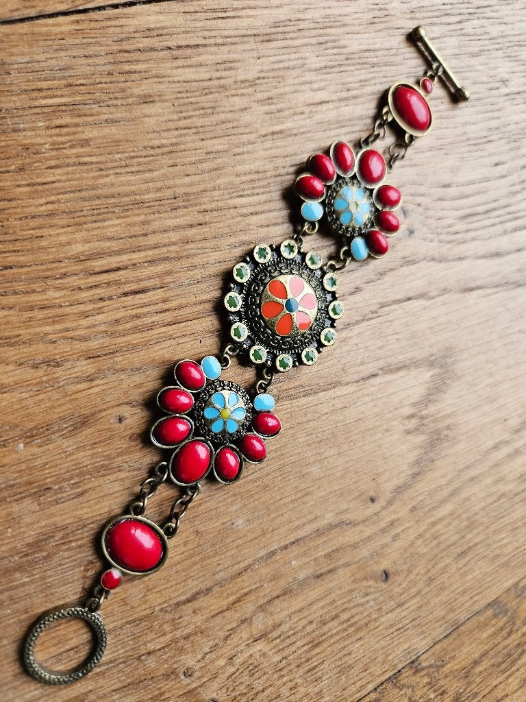 Vintage Boheemse Armband met Rode en Blauwe Accentstenen, Ophalen of Verzenden