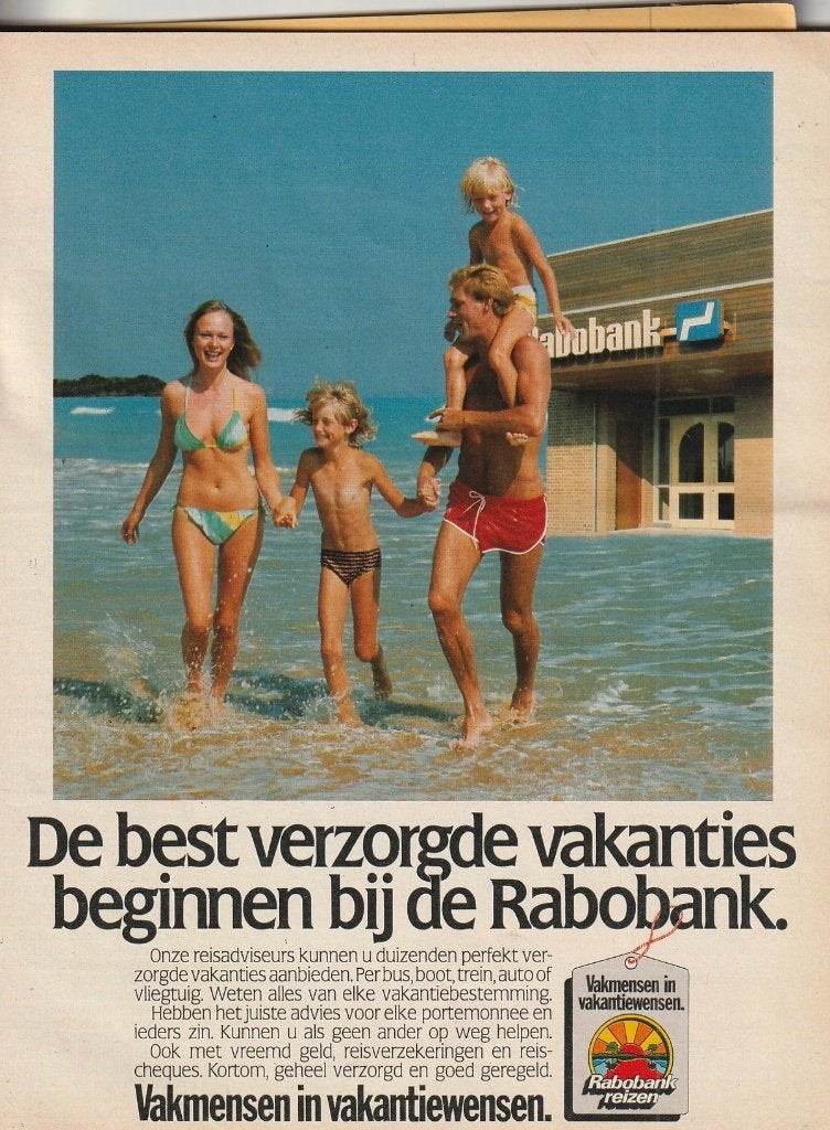 retro reclame 1986 Rabobank jongetje meisje op strand, Verzamelen, Retro, Verzenden, Overige typen