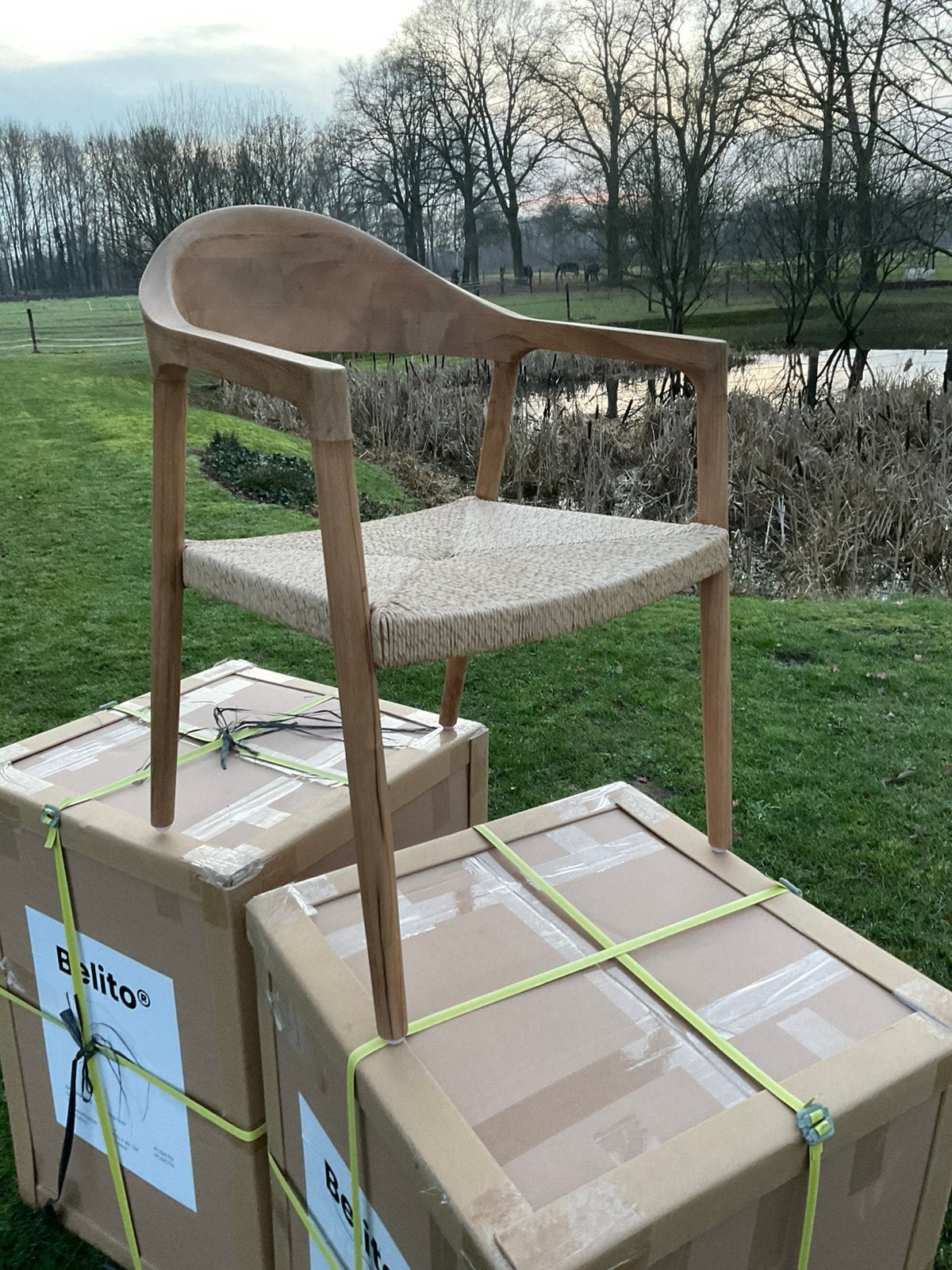 5x nieuwe belito daan stoelen, teak hout, Ophalen, Bruin, Zo goed als nieuw, Vijf, Zes of meer stoelen