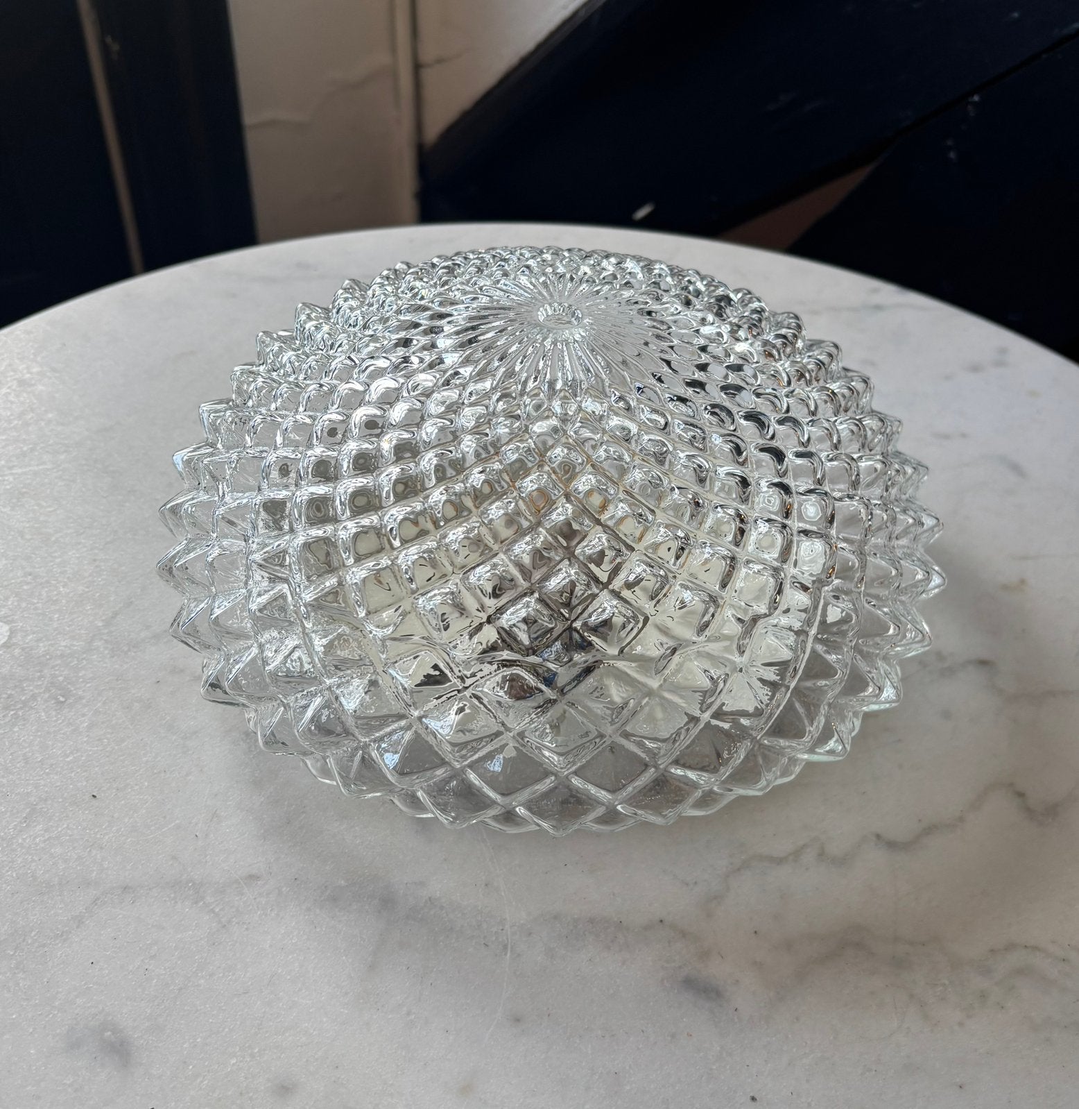 Vintage ronde plafoniere diamant driehoek bloem glazen lamp, Ophalen of Verzenden, Zo goed als nieuw, Glas