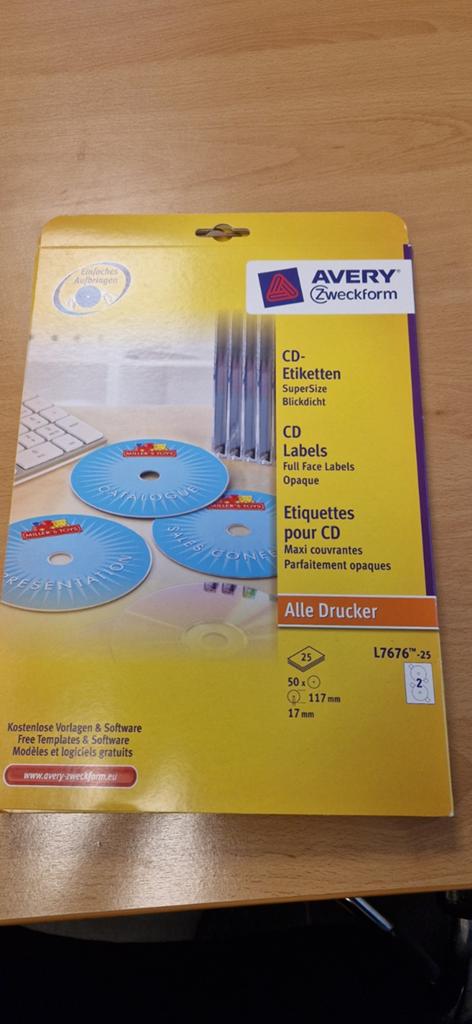Avery Zweckform Zelfklevende CD Etiketten L7676-25, 25 stuks, Ophalen of Verzenden, Nieuw, Cd, Avery Zweckform