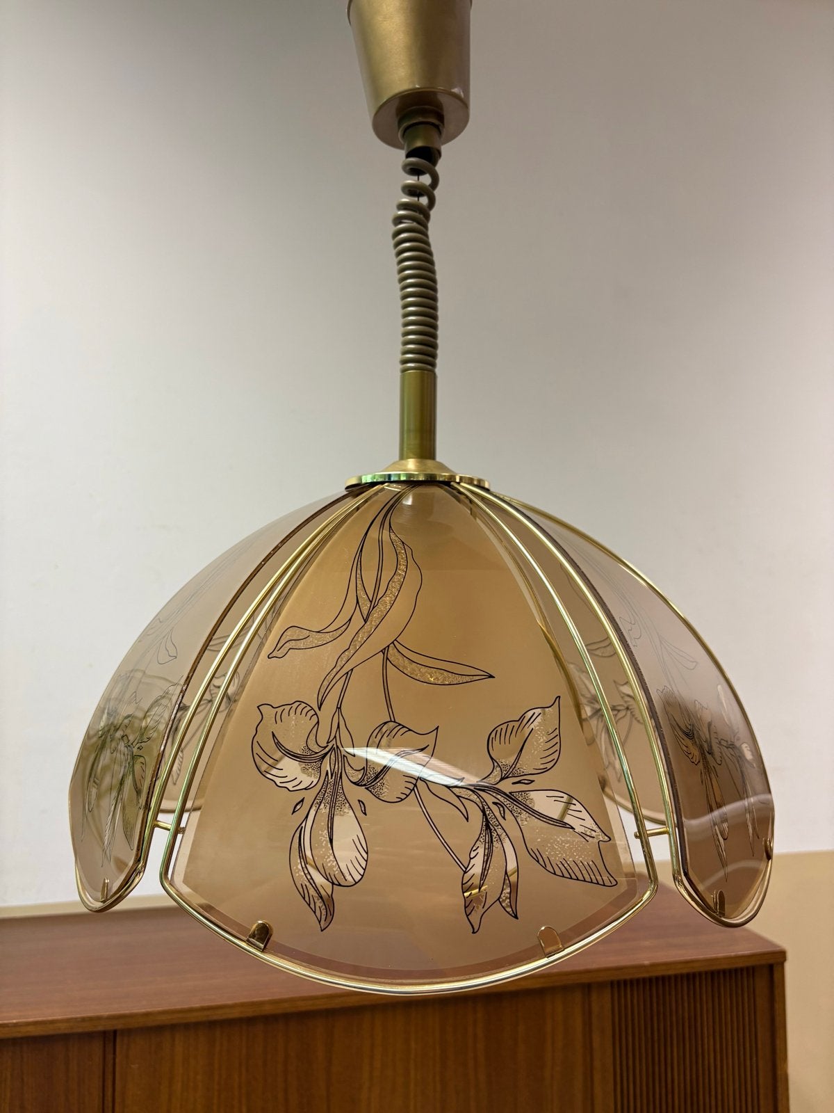 Vintage Hollywood Regency Hanglamp messing Glas Panelen, Ophalen of Verzenden