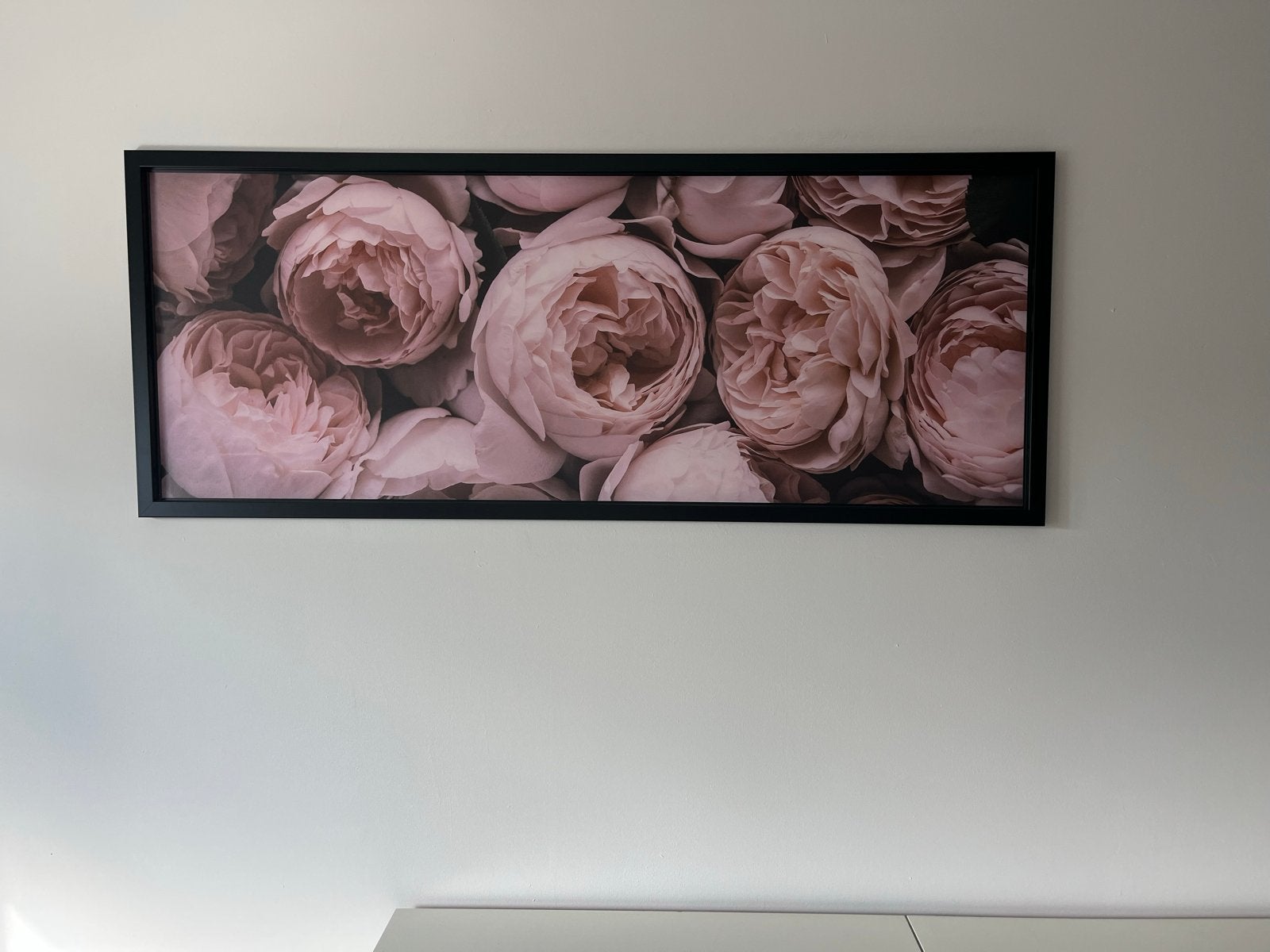 Schilderij met roze bloemen in zwarte lijst (140x56), Ophalen, 50 – 75, 125 cm of meer, Zo goed als nieuw