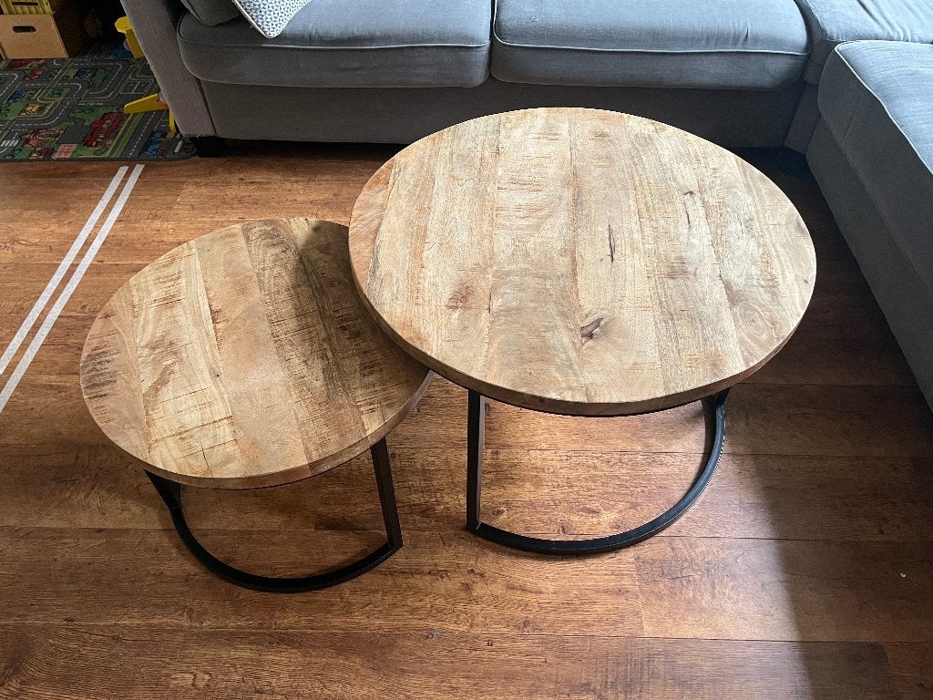 Moderne salontafel set – hout & zwart metaal, Huis en Inrichting, Tafels | Salontafels, Ophalen, Gebruikt, 50 tot 100 cm, Rond