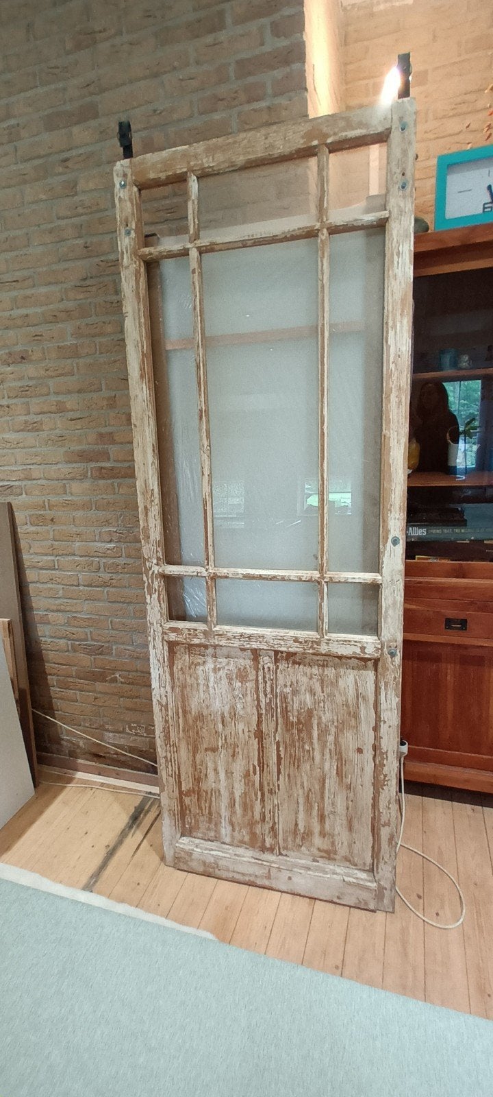 Oude houten schuifdeur met geleiderail (glas ontbreekt), Ophalen, Gebruikt, 80 tot 100 cm, Binnendeur