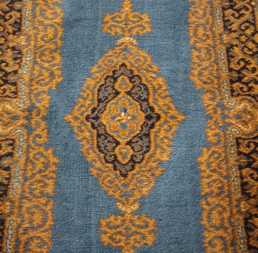 Vintage oosters wol Kirman vloerkleed blauw gold 67x137cm, 100 tot 150 cm, Klassiek, Oosters, Www.hypepopup.nl, Zo goed als nieuw