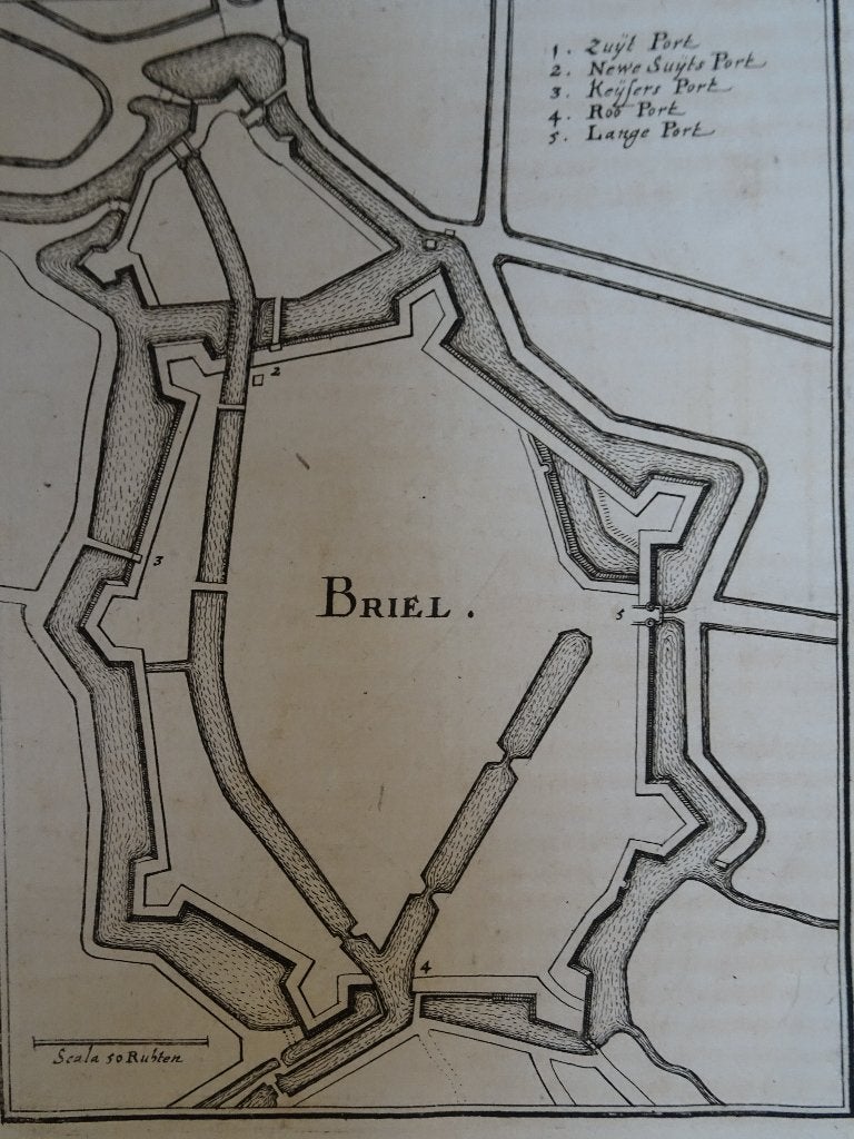 Dubbelgravure plattegrond Delfshaven en Brielle Merian 1670, Antiek en Kunst, Kunst | Etsen en Gravures, Cartografie, Gravure