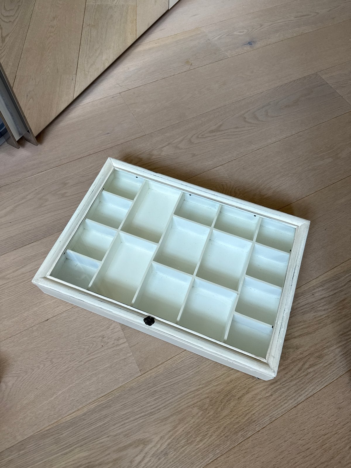 Witte houten opbergdoos met glazen deksel, Ophalen, Gebruikt, Wit, Hout