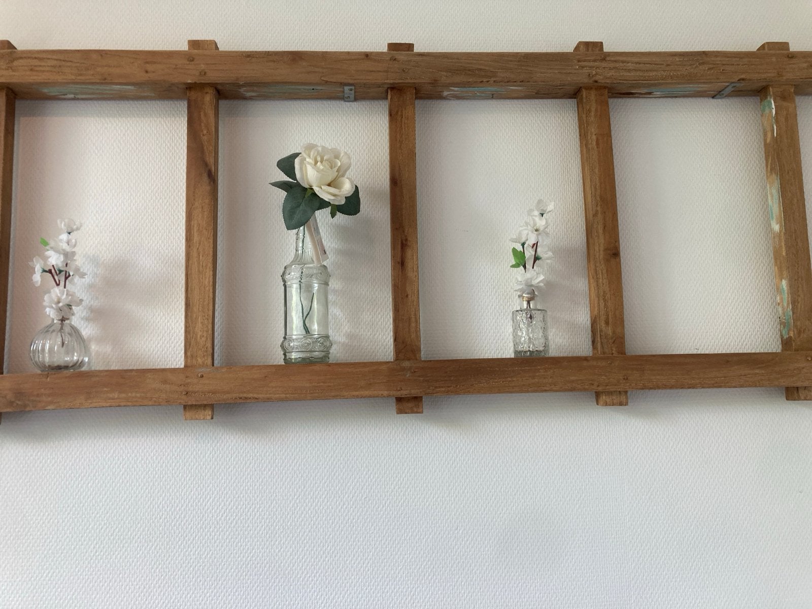 Decoratieve houten ladder met glazen vaasjes, Huis en Inrichting, Woonaccessoires | Overige, Ophalen, Hout, Gebruikt, Landelijk