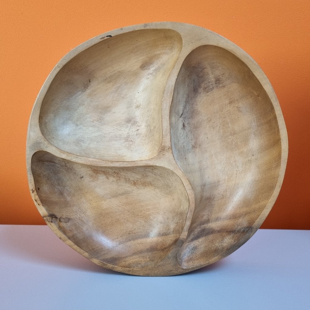 handgemaakt vintage robuuste ronde houten 3-vaks schaal, Schaal, Verzenden, Rond, Zo goed als nieuw