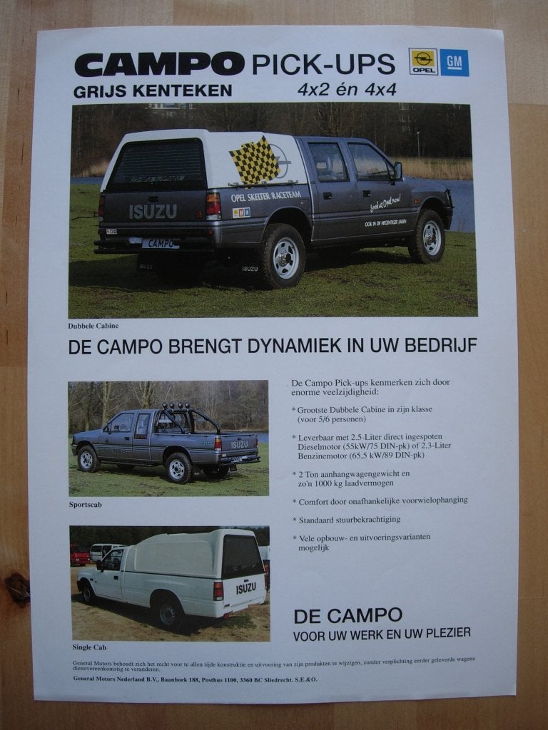 Opel / Isuzu Campo Brochure 1988 – Pickup Pick up, Opel, Zo goed als nieuw, Opel, Ophalen of Verzenden