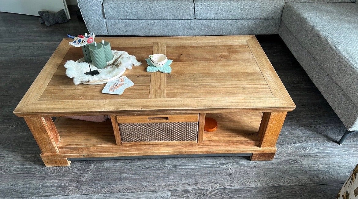 Massief houten salontafel met lade, Ophalen, Gebruikt, 100 tot 150 cm, 50 tot 100 cm