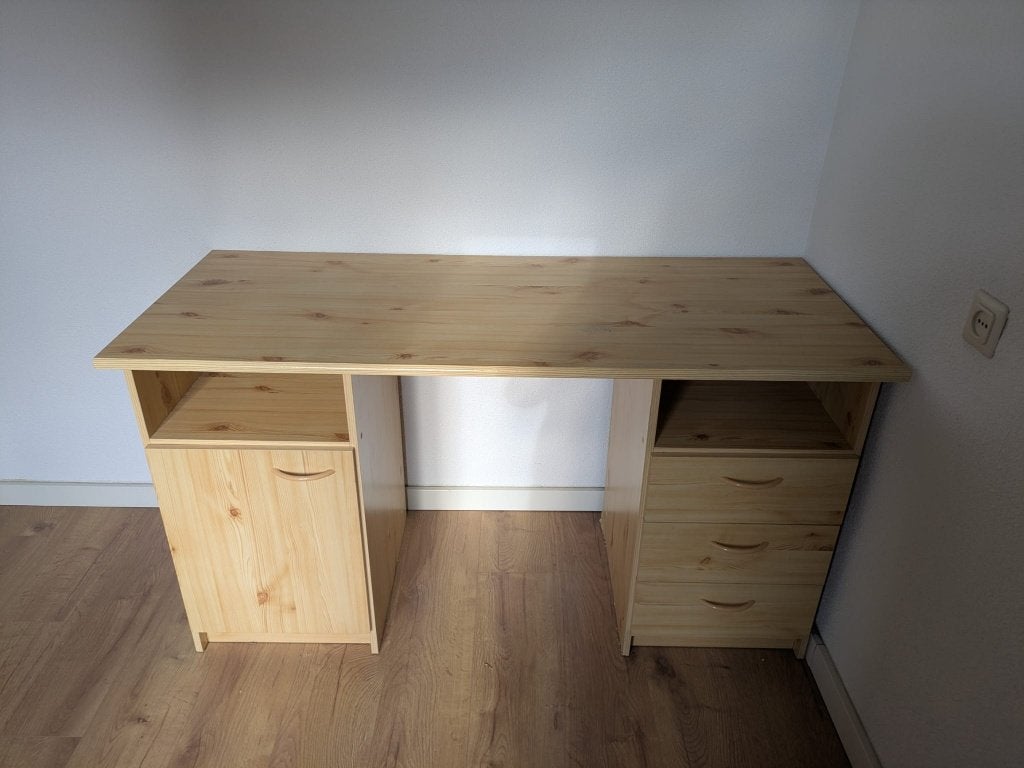 Houten bureau met lades en kastje - 140x58x77cm, Ophalen, Gebruikt, Hout, 140 cm