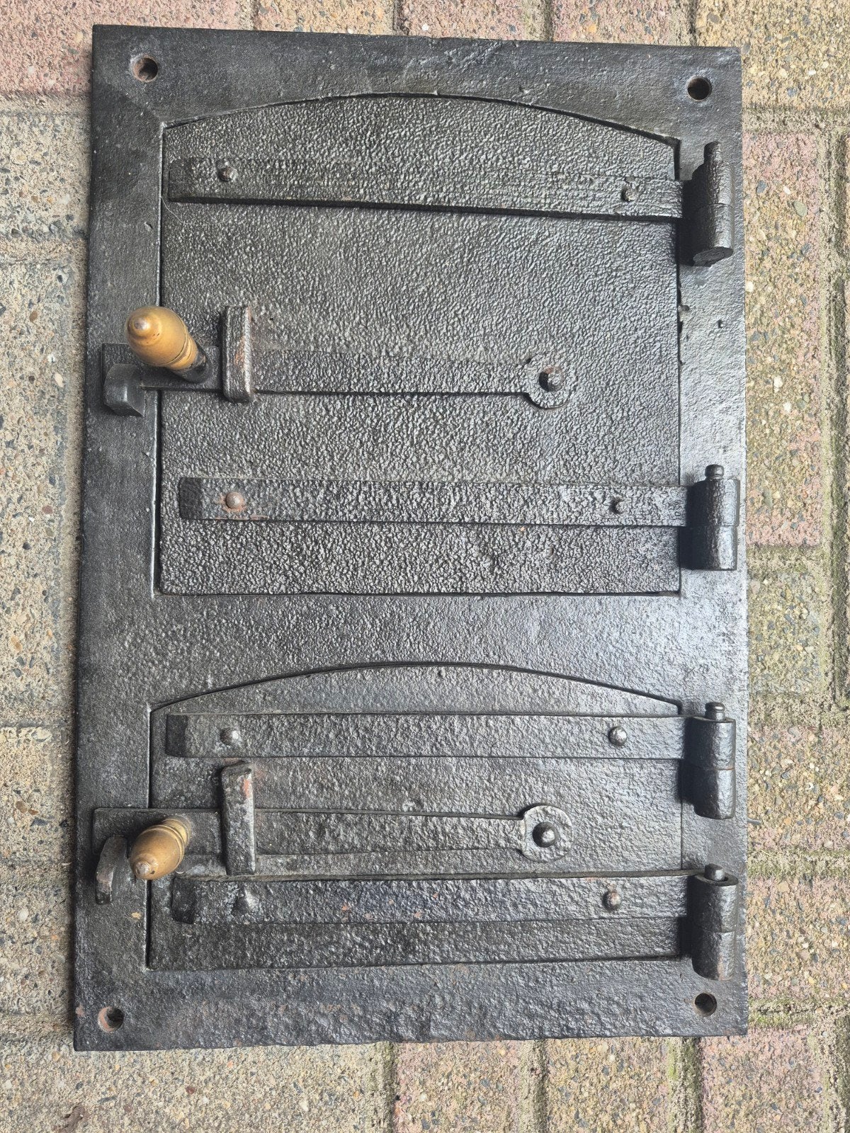 Antieke gietijzeren ovendeur met dubbele luiken, Ophalen of Verzenden