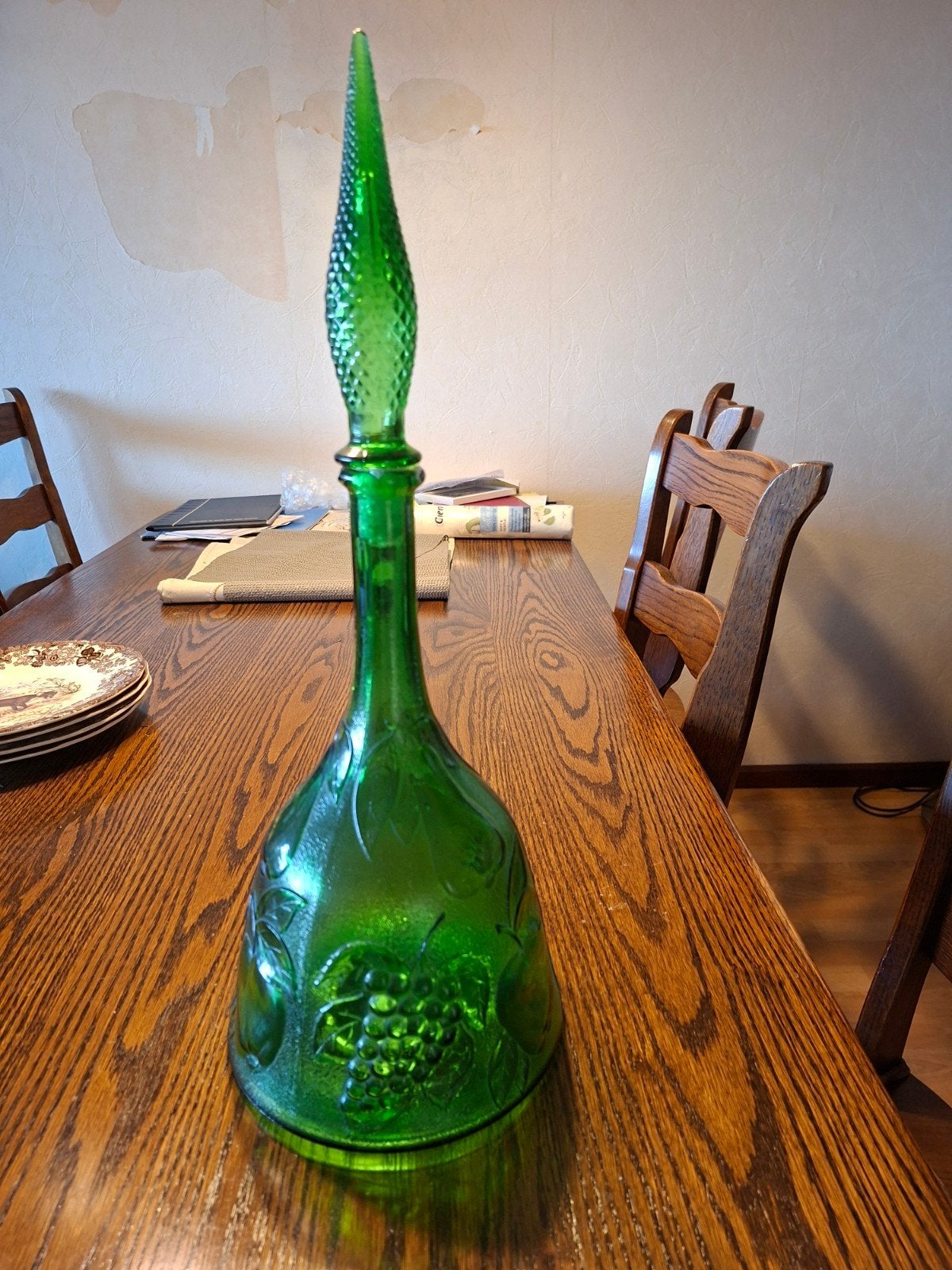 Vintage Groene Glazen Karaf met Fruitmotief en Stop, Ophalen