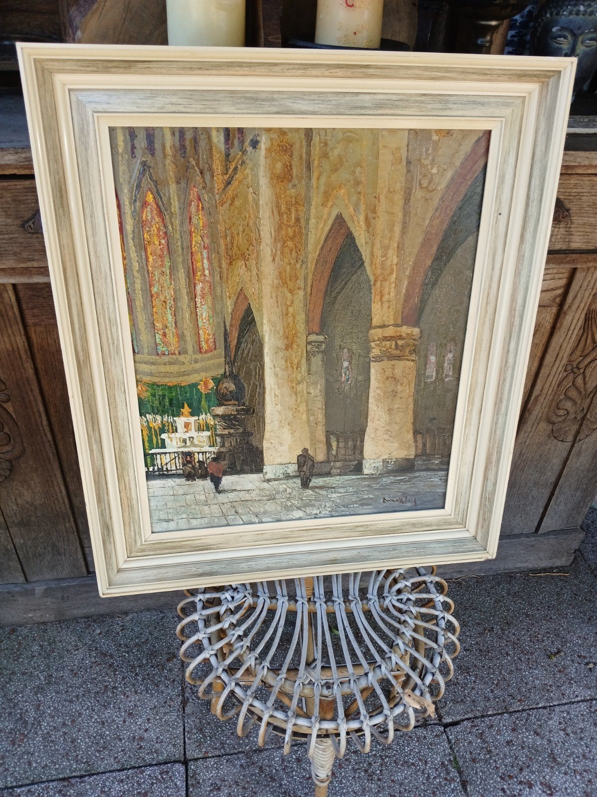 Olieverfschilderij kerkinterieur gesigneerd, Antiek en Kunst, Kunst | Schilderijen | Klassiek, Ophalen of Verzenden