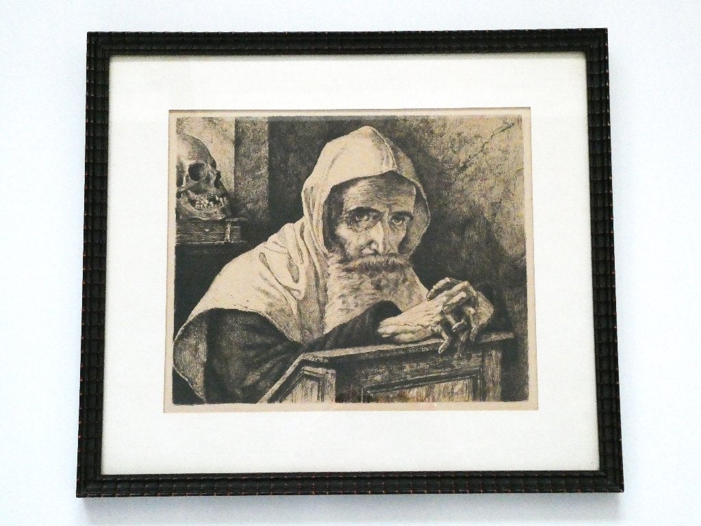 Biddende Kluizenaar met schedel van Willem Geets gesigneerd, Antiek en Kunst, Kunst | Etsen en Gravures, Ingelijst, 1800 - 1899